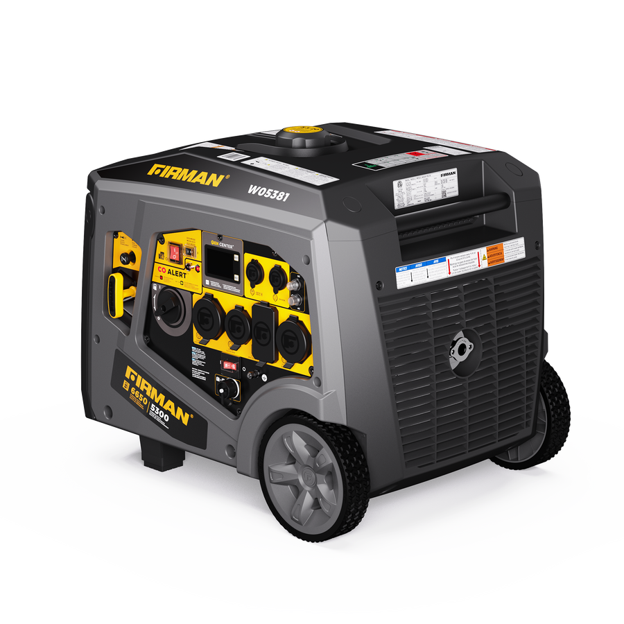 A portable gray and black generator with yellow accents, featuring pure sine wave energy for clean power. The FIRMAN Power Equipment Gas Inverter Portable Generator 6650/5300 Watt 120/240V CO Alert includes multiple outlets, a control panel, and wheels for mobility, making it an excellent outdoor generator.