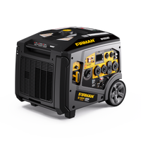 A black and yellow outdoor generator with various control buttons, an LCD screen, and two wheels for mobility. It has the brand name "FIRMAN Power Equipment" on the top and front, and model "Gas Inverter Portable Generator 6650/5300 Watt 120/240V CO Alert" on the top. This pure sine wave energy generator ensures your devices stay safe while providing reliable power wherever needed.