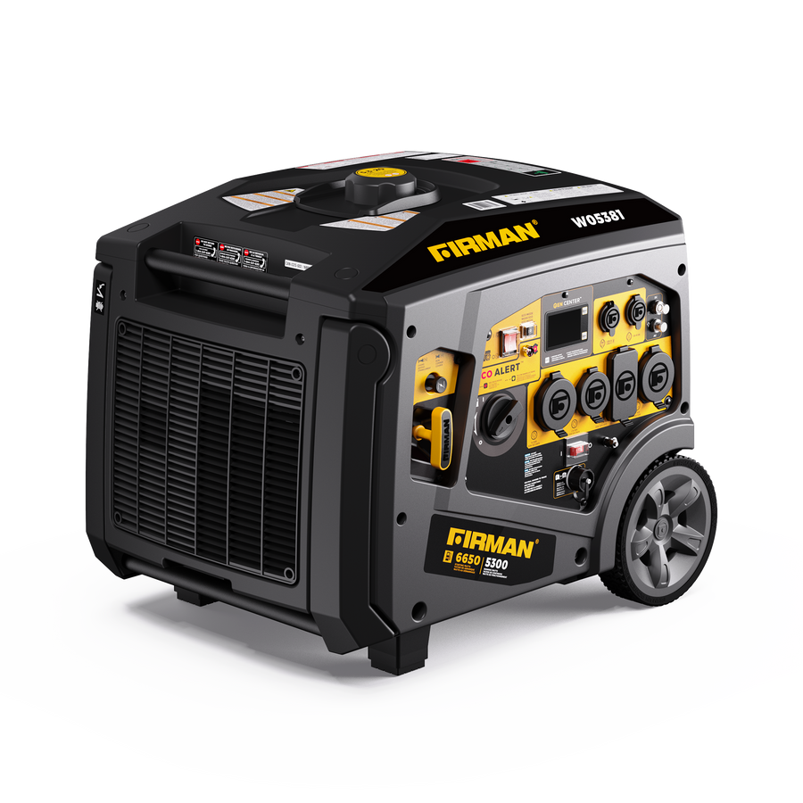 A black and yellow outdoor generator with various control buttons, an LCD screen, and two wheels for mobility. It has the brand name "FIRMAN Power Equipment" on the top and front, and model "Gas Inverter Portable Generator 6650/5300 Watt 120/240V CO Alert" on the top. This pure sine wave energy generator ensures your devices stay safe while providing reliable power wherever needed.