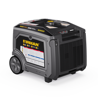 A Gas Inverter Portable Generator 6650/5300 Watt 120/240V CO Alert model, FIRMAN Power Equipment, featuring 4850 starting watts and 3850 running watts, with a compact, wheeled design and control panel on the top.