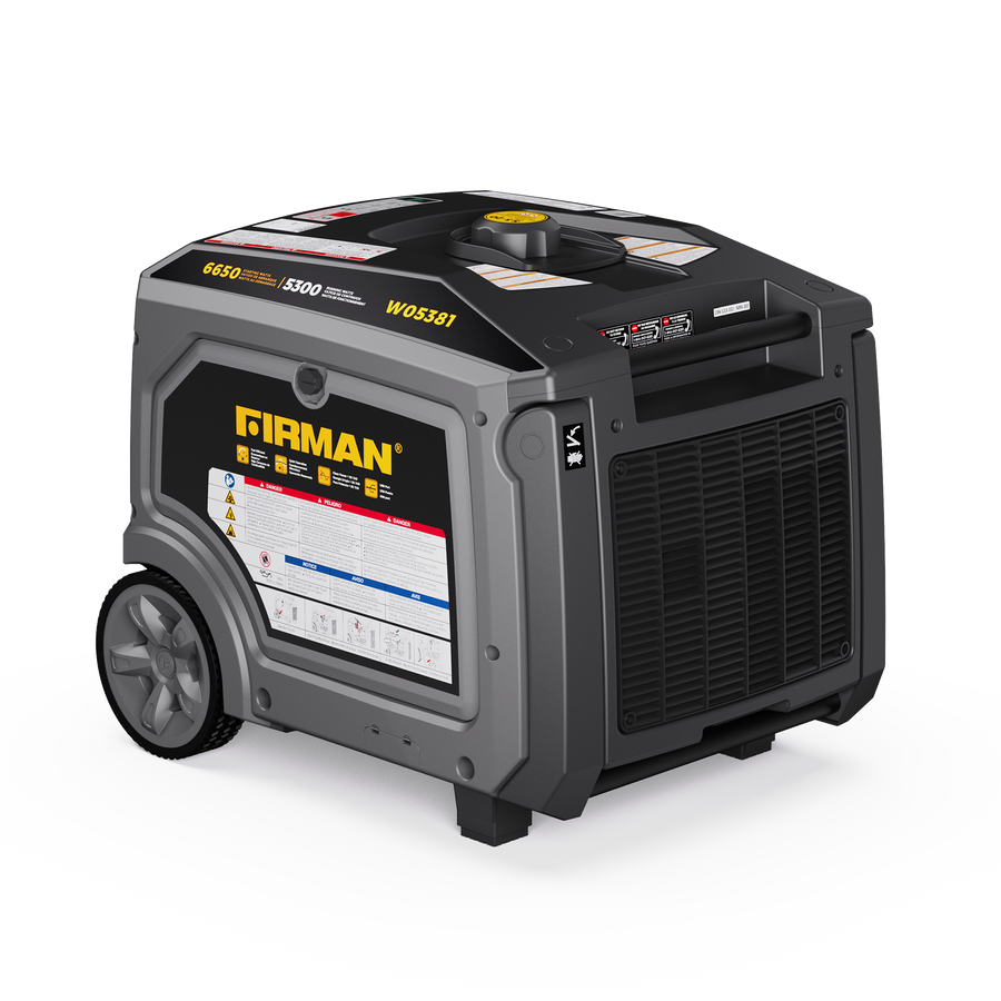 A Gas Inverter Portable Generator 6650/5300 Watt 120/240V CO Alert model, FIRMAN Power Equipment, featuring 4850 starting watts and 3850 running watts, with a compact, wheeled design and control panel on the top.