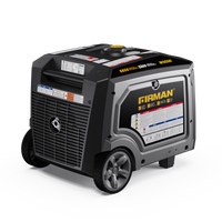 A portable outdoor generator with wheels and a handle, labeled "Gas Inverter Portable Generator 6650/5300 Watt 120/240V CO Alert" by FIRMAN Power Equipment, featuring specifications and safety warnings on the body. This model ensures reliable power with pure sine wave energy.