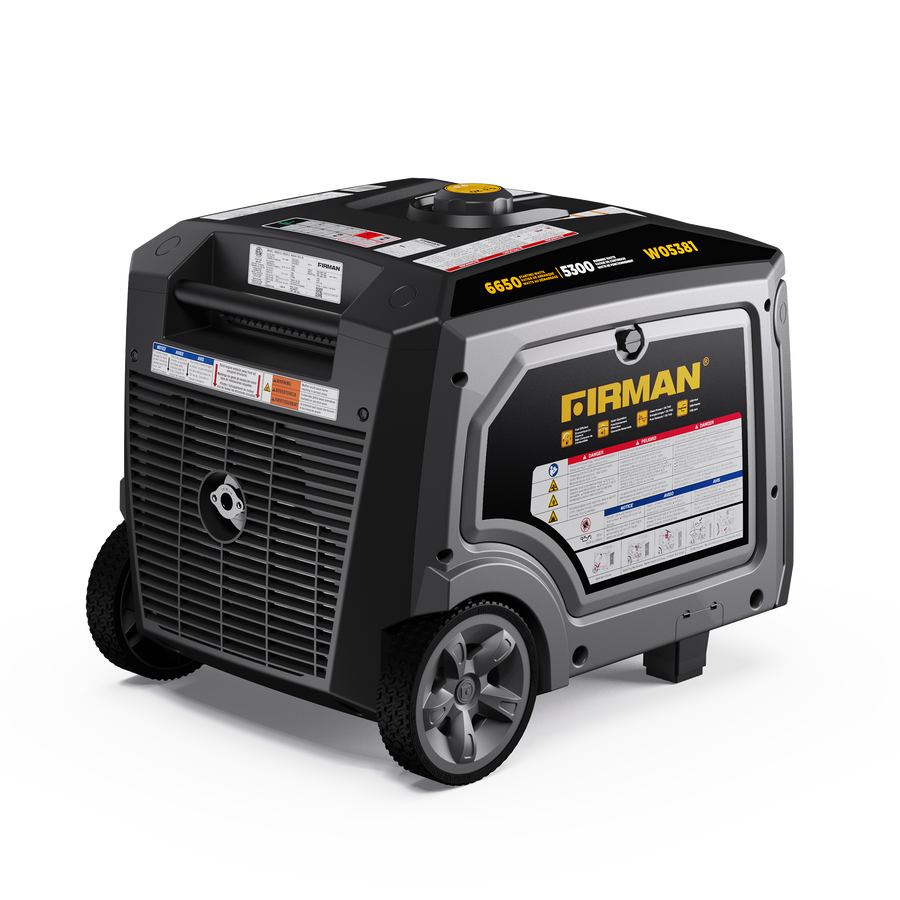 A portable outdoor generator with wheels and a handle, labeled "Gas Inverter Portable Generator 6650/5300 Watt 120/240V CO Alert" by FIRMAN Power Equipment, featuring specifications and safety warnings on the body. This model ensures reliable power with pure sine wave energy.