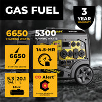 A portable generator, the Gas Inverter Portable Generator 6650/5300 Watt 120/240V CO Alert from FIRMAN Power Equipment, features 6650 starting watts and 5300 running watts, boasting a 14.5-hour runtime with its 5.3-gallon tank. Equipped with CO Alert technology and a pure sine wave energy output, this outdoor generator includes a 3-year warranty and uses gas fuel.