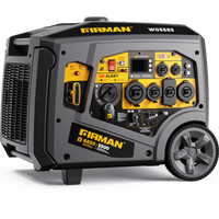 A FIRMAN Power Equipment Gas Inverter Portable Generator 6850/5500 Watt Remote Start 120/240V CO Alert for outdoor use, featuring a yellow and black design, multiple outlets, eco mode, and attached wheels.