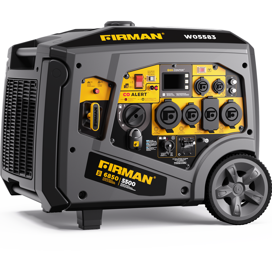 A FIRMAN Power Equipment Gas Inverter Portable Generator 6850/5500 Watt Remote Start 120/240V CO Alert for outdoor use, featuring a yellow and black design, multiple outlets, eco mode, and attached wheels.