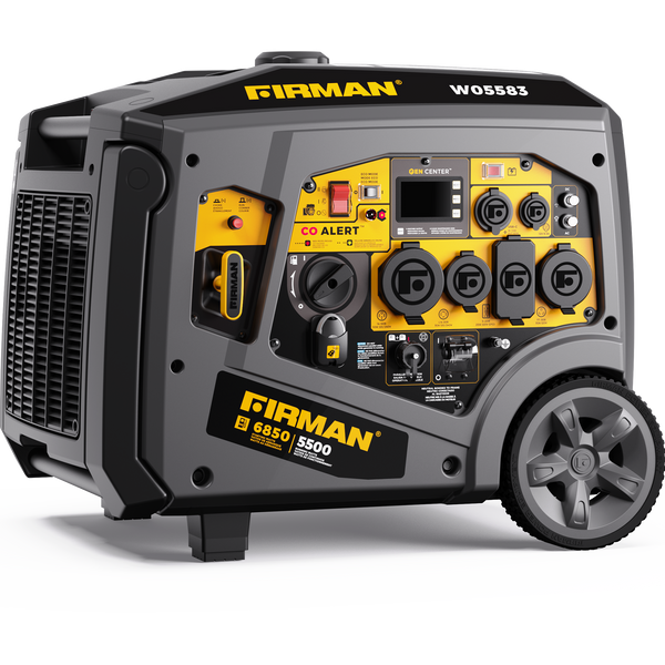 A FIRMAN Power Equipment Gas Inverter Portable Generator 6850/5500 Watt Remote Start 120/240V CO Alert for outdoor use, featuring a yellow and black design, multiple outlets, eco mode, and attached wheels.