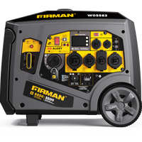 Portable FIRMAN Power Equipment W05583 Gas Inverter Portable Generator 6850/5500 Watt Remote Start 120/240V CO Alert, black with yellow accents, featuring multiple output sockets and CO alert on the control panel.
