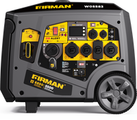 The FIRMAN Power Equipment Gas Inverter Portable Generator 6850/5500 Watt, featuring a yellow and black control panel with multiple outlets, labeled switches, large gray wheels, and eco mode for efficient energy use, is now available with remote start and CO alert.