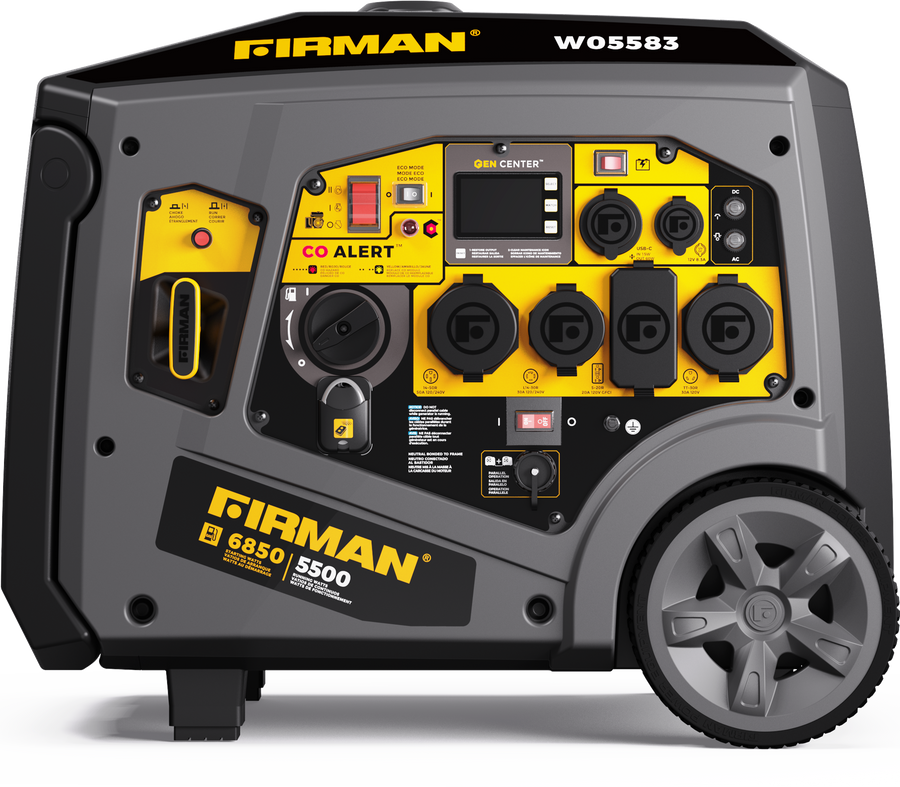 The FIRMAN Power Equipment Gas Inverter Portable Generator 6850/5500 Watt, featuring a yellow and black control panel with multiple outlets, labeled switches, large gray wheels, and eco mode for efficient energy use, is now available with remote start and CO alert.