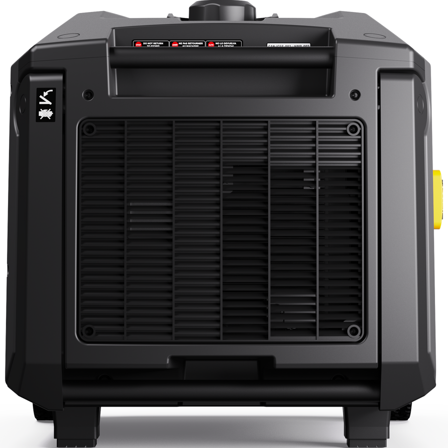 A FIRMAN Gas Inverter Portable Generator, shown from the rear, features a vented panel, warning labels, and a yellow outlet. It includes eco mode for energy efficiency and remote start for convenience.