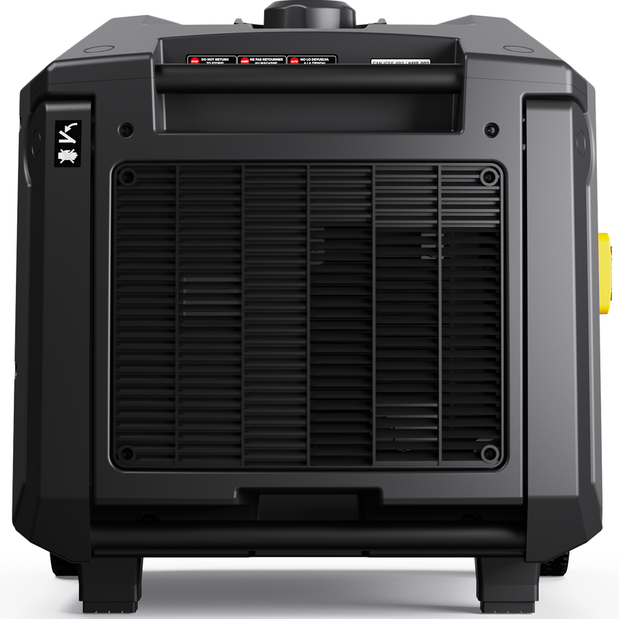 Portable black FIRMAN Power Equipment Gas Inverter Portable Generator 6850/5500 Watt Remote Start 120/240V CO Alert with control panel on top, vent grilles on the front, and a yellow handle on the side.