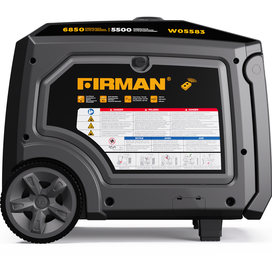 Portable FIRMAN Power Equipment W05583 Gas Inverter Portable Generator 6850/5500 Watt Remote Start 120/240V CO Alert on wheels, featuring eco mode, control panel labels and instructions, displayed against a white background.