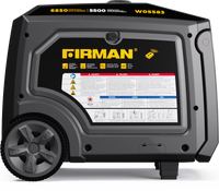 The FIRMAN Power Equipment Gas Inverter Portable Generator (6850/5500 Watt, 120/240V) features a black and gray body with wheels, a handle, eco mode, CO alert for safety, side panel instructions, and remote start for easy operation.