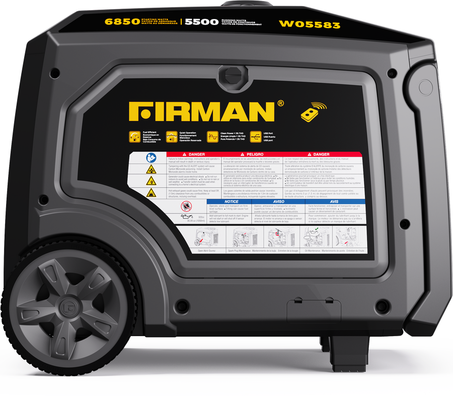 The FIRMAN Power Equipment Gas Inverter Portable Generator (6850/5500 Watt, 120/240V) features a black and gray body with wheels, a handle, eco mode, CO alert for safety, side panel instructions, and remote start for easy operation.