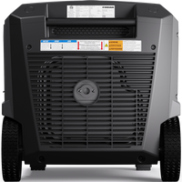 The FIRMAN Gas Inverter Portable Generator 6850/5500 Watt showcases its vent, control panel, and warning labels from the back. It features wheels for mobility, a remote start option, and an eco mode for efficient energy use.