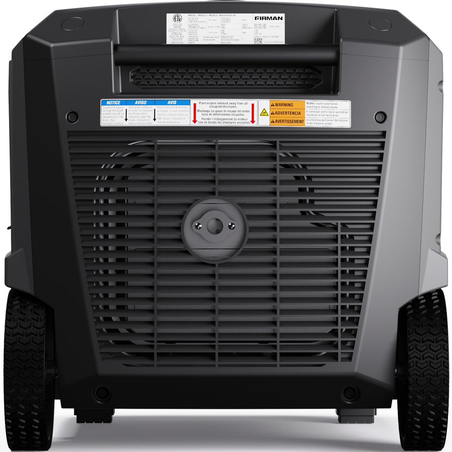 The FIRMAN Gas Inverter Portable Generator 6850/5500 Watt showcases its vent, control panel, and warning labels from the back. It features wheels for mobility, a remote start option, and an eco mode for efficient energy use.