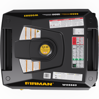 The FIRMAN Power Equipment Gas Inverter Portable Generator 6850/5500 Watt, model WO5583, features a top view with labels and instructions, a central yellow fuel cap, side handles, and convenient remote start functionality.