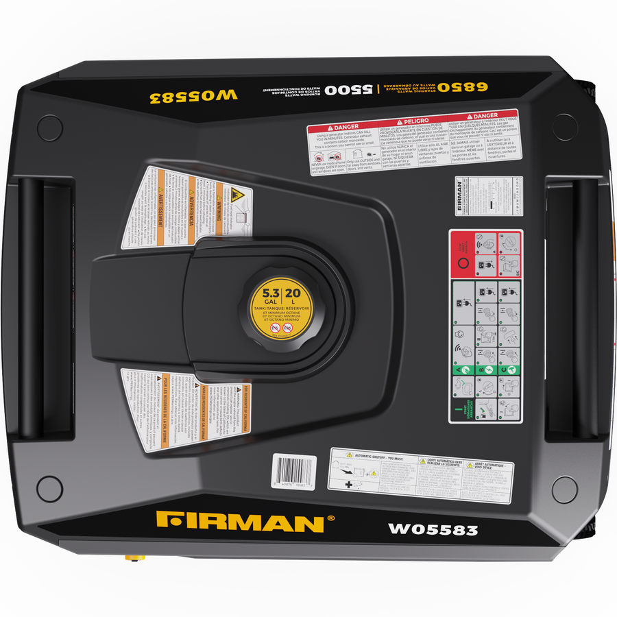The FIRMAN Power Equipment Gas Inverter Portable Generator 6850/5500 Watt, model WO5583, features a top view with labels and instructions, a central yellow fuel cap, side handles, and convenient remote start functionality.