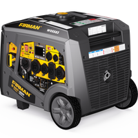 A FIRMAN Power Equipment Gas Inverter Portable Generator 6850/5500 Watt Remote Start 120/240V CO Alert with multiple outlets and eco mode, set against a striped background.