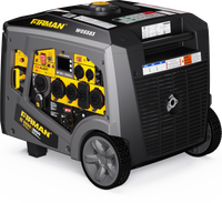 The FIRMAN Power Equipment Gas Inverter Portable Generator, 6850/5500 Watt with Remote Start and CO Alert, offers eco mode for energy efficiency, features multiple power outlets, a control panel, safety labels and is portable on wheels.