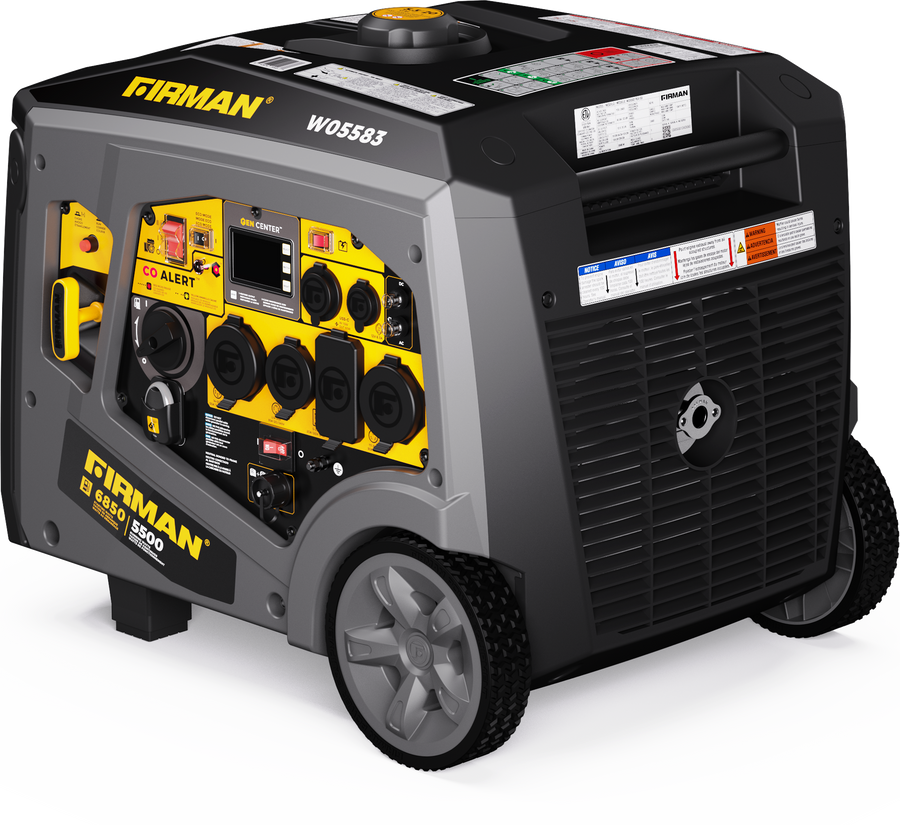 The FIRMAN Power Equipment Gas Inverter Portable Generator, 6850/5500 Watt with Remote Start and CO Alert, offers eco mode for energy efficiency, features multiple power outlets, a control panel, safety labels and is portable on wheels.