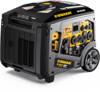 The FIRMAN Power Equipment Gas Inverter Portable Generator 6850/5500 Watt features a control panel, multiple outlets, wheels for easy mobility, CO Alert, an air intake vent, remote start convenience, and an eco mode for efficient performance.