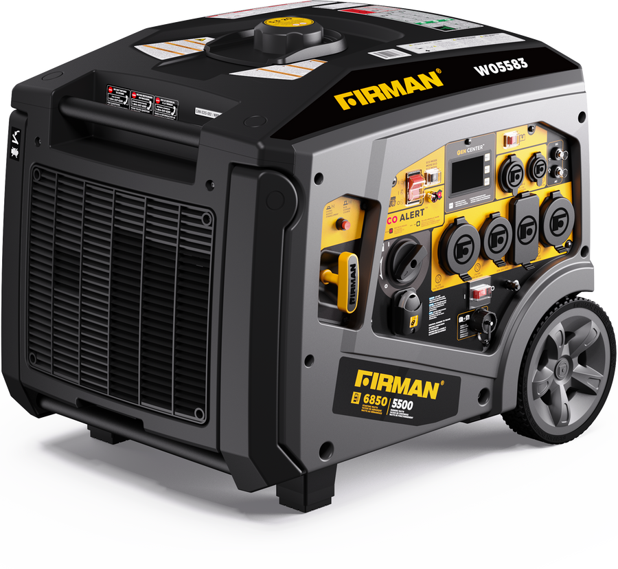 The FIRMAN Power Equipment Gas Inverter Portable Generator 6850/5500 Watt features a control panel, multiple outlets, wheels for easy mobility, CO Alert, an air intake vent, remote start convenience, and an eco mode for efficient performance.