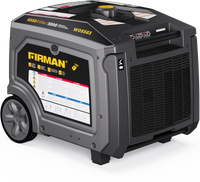 A Firman Gas Inverter Portable Generator 6850/5500 Watt with wheels and remote start is shown, featuring stickers for technical specs and safety warnings.