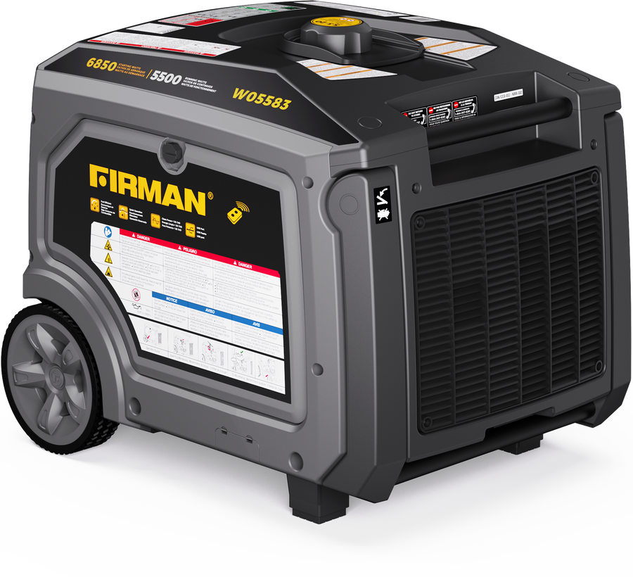 A Firman Gas Inverter Portable Generator 6850/5500 Watt with wheels and remote start is shown, featuring stickers for technical specs and safety warnings.