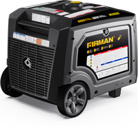 The FIRMAN Power Equipment Gas Inverter Portable Generator 6850/5500 Watt features wheels, a labeled control panel, and brand specifications on the side. It includes eco mode for efficient energy use and offers effortless operation with a remote start.