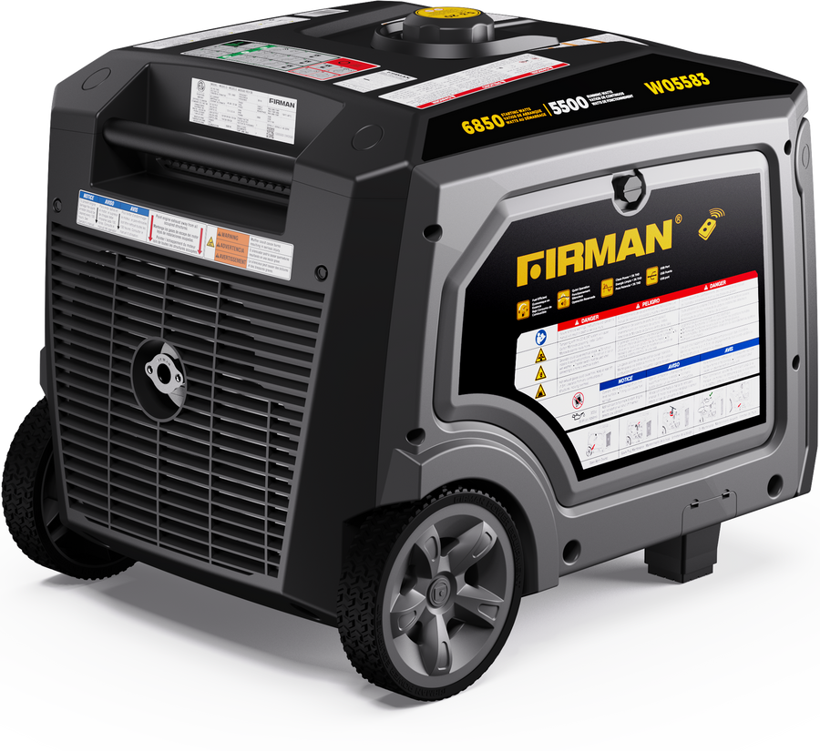 The FIRMAN Power Equipment Gas Inverter Portable Generator 6850/5500 Watt features wheels, a labeled control panel, and brand specifications on the side. It includes eco mode for efficient energy use and offers effortless operation with a remote start.