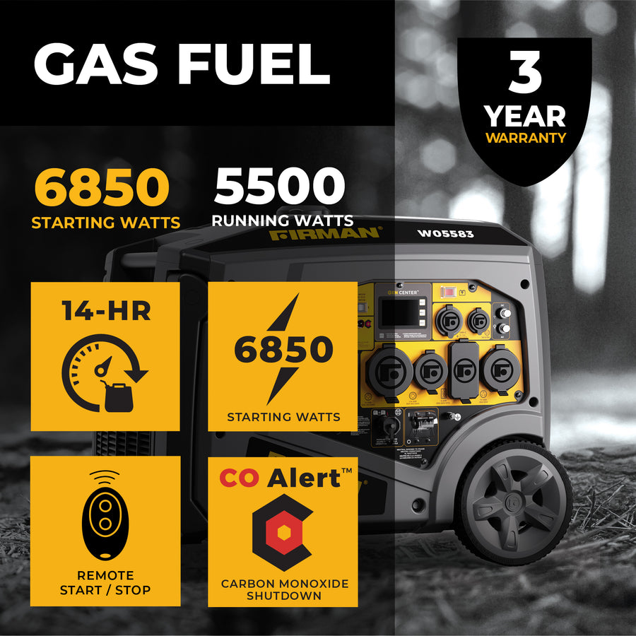 An advertisement for a FIRMAN Power Equipment Gas Inverter Portable Generator 6850/5500 Watt Remote Start 120/240V CO Alert featuring various attributes like 6850 starting watts, carbon monoxide shutdown, and a 3-year warranty, shown with vibrant yellow and black icons.