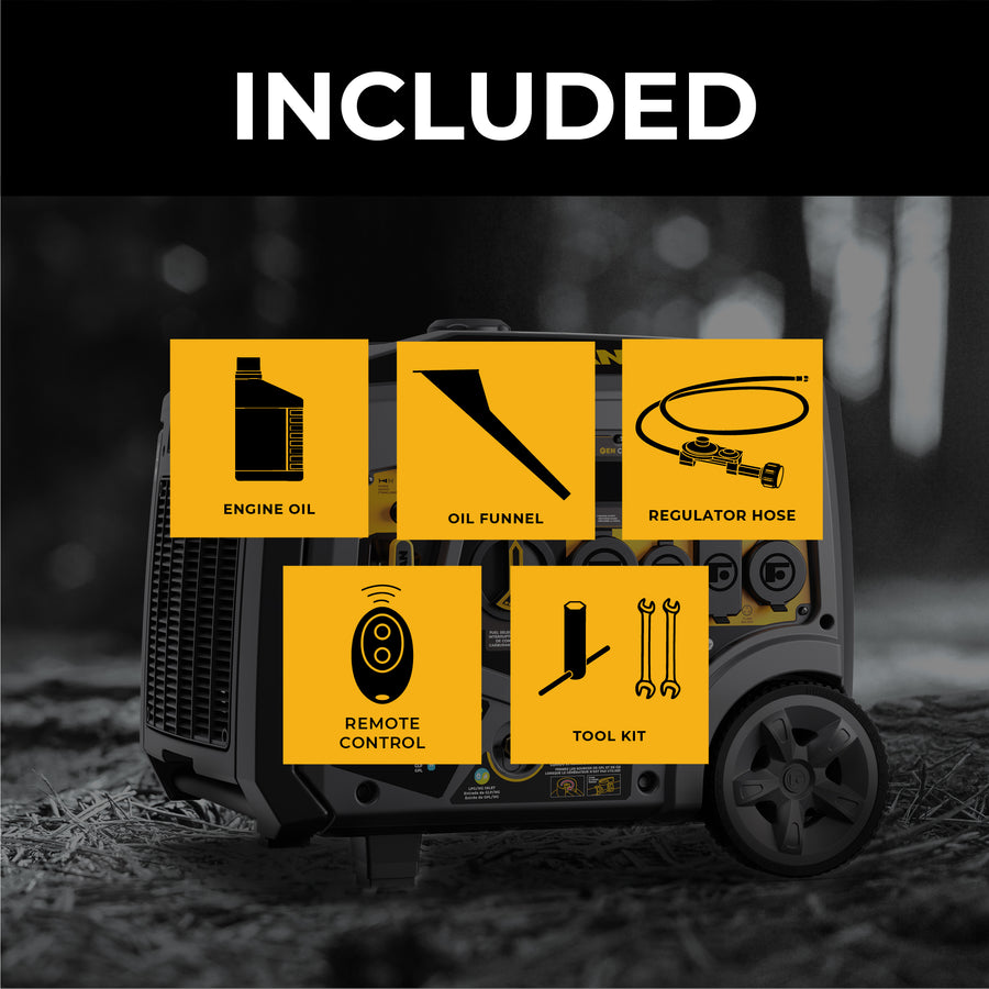 FIRMAN Power Equipment Gas Inverter Portable Generator 6850/5500 Watt Remote Start 120/240V CO Alert with labeled accessories including engine oil, oil funnel, regulator hose, remote control, and tool kit displayed on a yellow background.