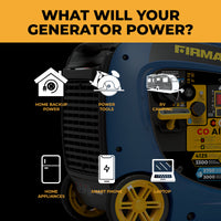 The FIRMAN Power Equipment Dual Fuel Inverter Portable Generator 4125W features an electric start, CO ALERT, and icons showing its versatility for powering home backups, RVs, power tools, home appliances, smartphones, and laptops. This RV-ready unit is perfect for versatile use.