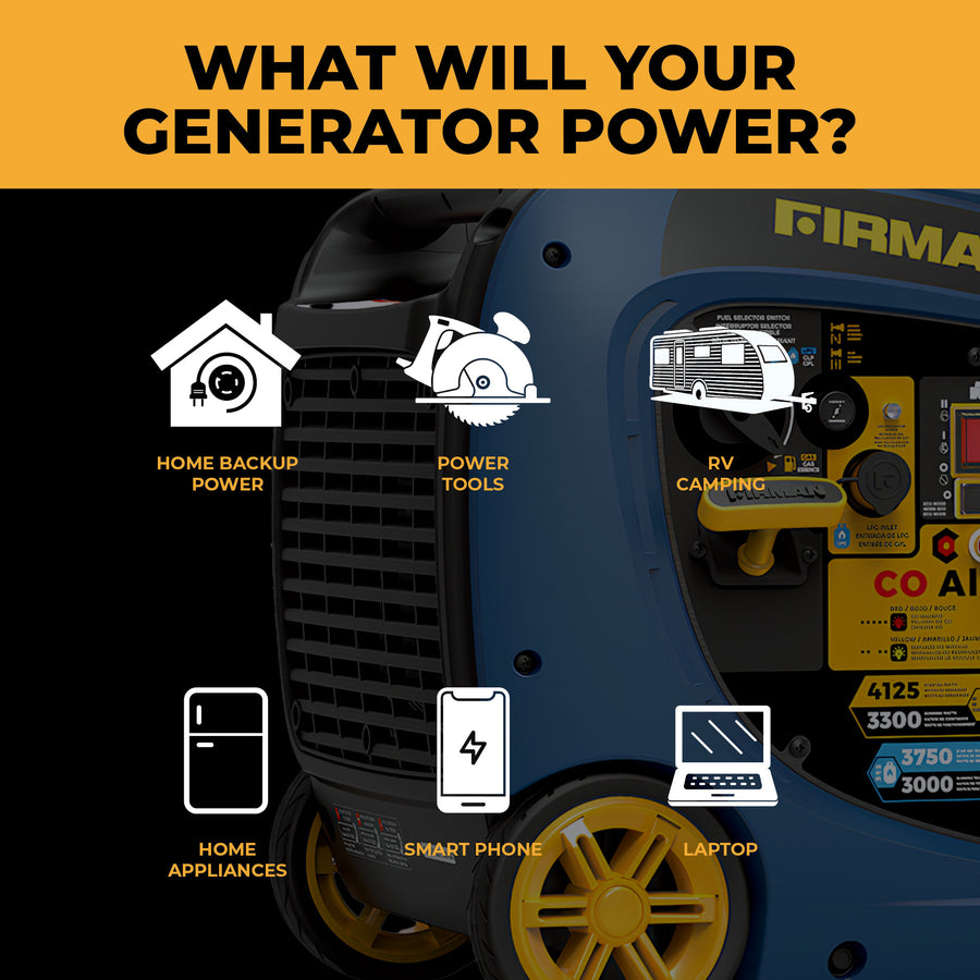 The FIRMAN Power Equipment Dual Fuel Inverter Portable Generator 4125W features an electric start, CO ALERT, and icons showing its versatility for powering home backups, RVs, power tools, home appliances, smartphones, and laptops. This RV-ready unit is perfect for versatile use.