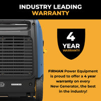 Image of a FIRMAN Power Equipment Dual Fuel Inverter Portable Generator 4125W Electric Start, featuring text about its industry-leading RV-ready design and a 4-year warranty.