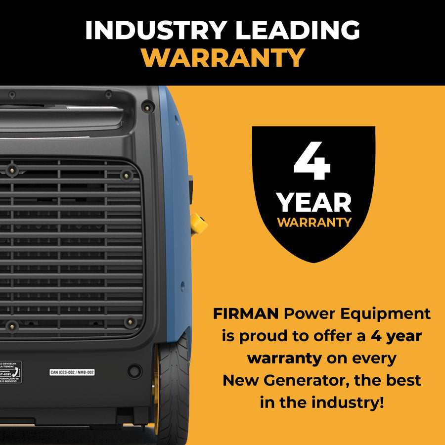 Image of a FIRMAN Power Equipment Dual Fuel Inverter Portable Generator 4125W Electric Start, featuring text about its industry-leading RV-ready design and a 4-year warranty.