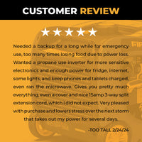 On 2/24/24, "Too Tall" praised the FIRMAN Power Equipment Dual Fuel Inverter Portable Generator 4125W with CO ALERT for its RV-ready convenience, five-star rating, and positive feedback on a review summary with an orange background highlighting its usefulness during power outages.