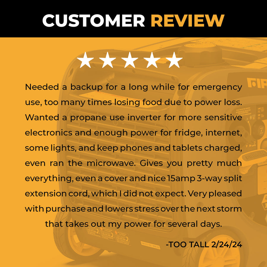 On 2/24/24, "Too Tall" praised the FIRMAN Power Equipment Dual Fuel Inverter Portable Generator 4125W with CO ALERT for its RV-ready convenience, five-star rating, and positive feedback on a review summary with an orange background highlighting its usefulness during power outages.