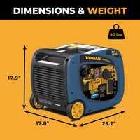 The FIRMAN Dual Fuel 4125W Inverter Generator features a striking blue and black design with yellow accents and convenient wheels. Measuring 17.9"H x 23.2"W x 17.8"D and weighing 90 lbs, it's RV-ready and portable for easy transport.