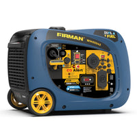 The FIRMAN Power Equipment Dual Fuel Inverter Portable Generator 4125W Electric Start with CO ALERT is a blue and yellow, RV-ready generator featuring wheels, a handle, and a front panel with "Firman," "Dual Fuel," and "CO Alert" labels for versatile and safe adventures.