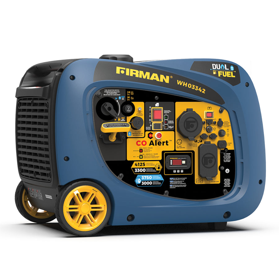 The FIRMAN Power Equipment Dual Fuel Inverter Portable Generator 4125W Electric Start with CO ALERT is a blue and yellow, RV-ready generator featuring wheels, a handle, and a front panel with "Firman," "Dual Fuel," and "CO Alert" labels for versatile and safe adventures.