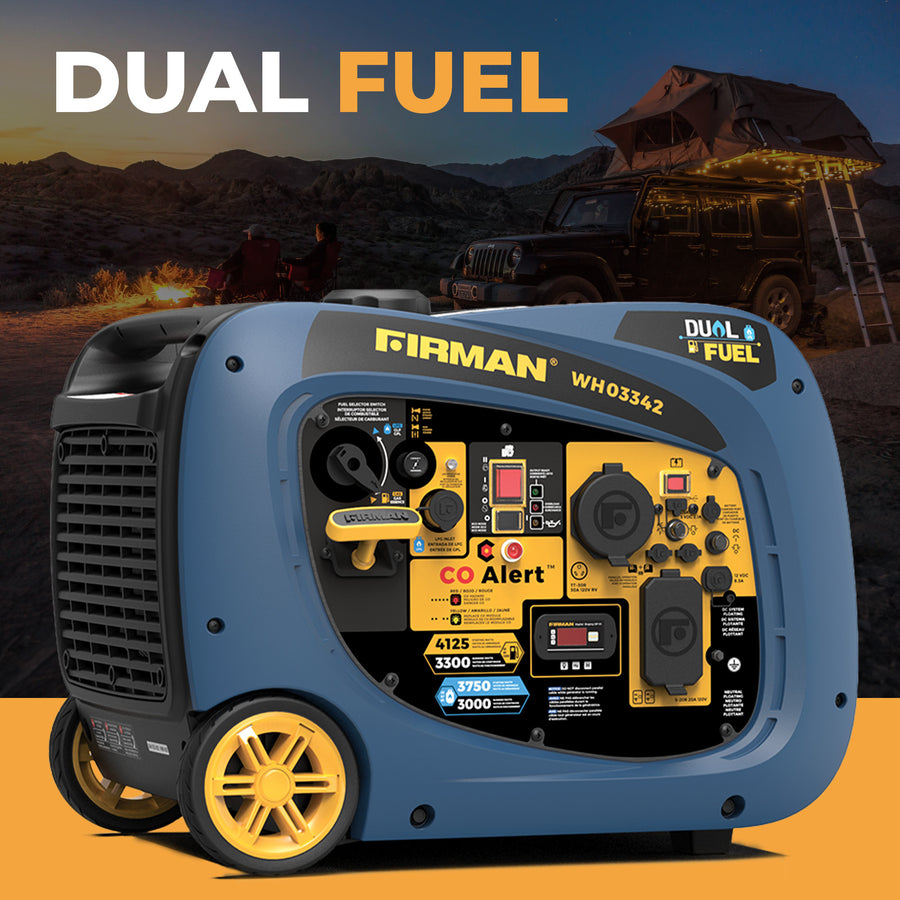 The FIRMAN Dual Fuel Inverter Portable Generator 4125W Electric Start, featuring CO Alert and multiple outlets, is showcased. The RV-ready design enhances the outdoor scene with a vehicle and camping setup in view.
