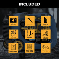 The image displays all included items with the FIRMAN Power Equipment Dual Fuel Inverter Portable Generator 4125W Electric Start with CO ALERT: battery, oil funnel, engine oil, 3.3 ft LPG hose, tool kit, battery charger, manual, quick start guide, and a battery float charger.