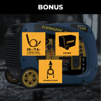 The FIRMAN Dual Fuel Inverter Portable Generator 4125W offers RV-ready power and includes a 25 ft power cord, protective cover, and storage strap. With electric start and CO ALERT, you're always prepared for any adventure.