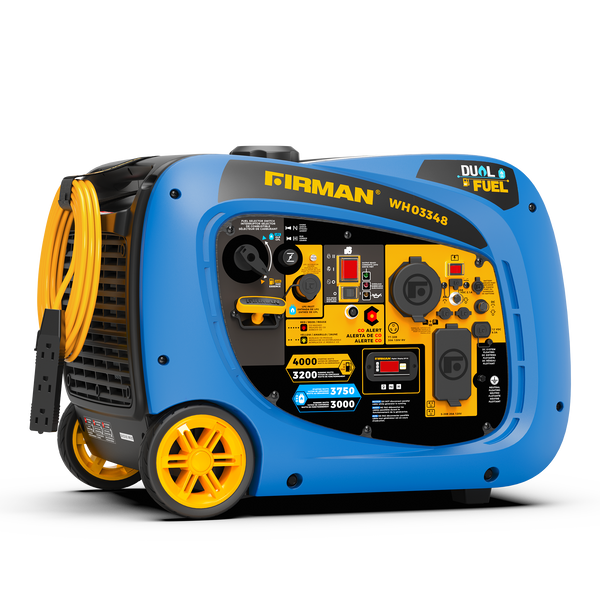 The FIRMAN Power Equipment Dual Fuel Inverter Portable Generator 4000W Electric Start with CO ALERT features a control panel, outlet plugs, power settings, and two black wheels for easy mobility.