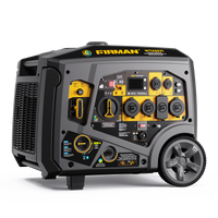 The FIRMAN Power Equipment's Tri Fuel Inverter Portable Generator 6850W features a control panel, CO Alert technology, various outlets, and is part of the Whisper Series for quiet operation. It also includes wheels for easy mobility.