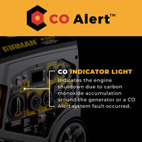 A close-up of the FIRMAN Power Equipment Tri Fuel Inverter Portable Generator 6850W Electric Start shows the CO Alert indicator, which detects carbon monoxide or system faults for added safety.