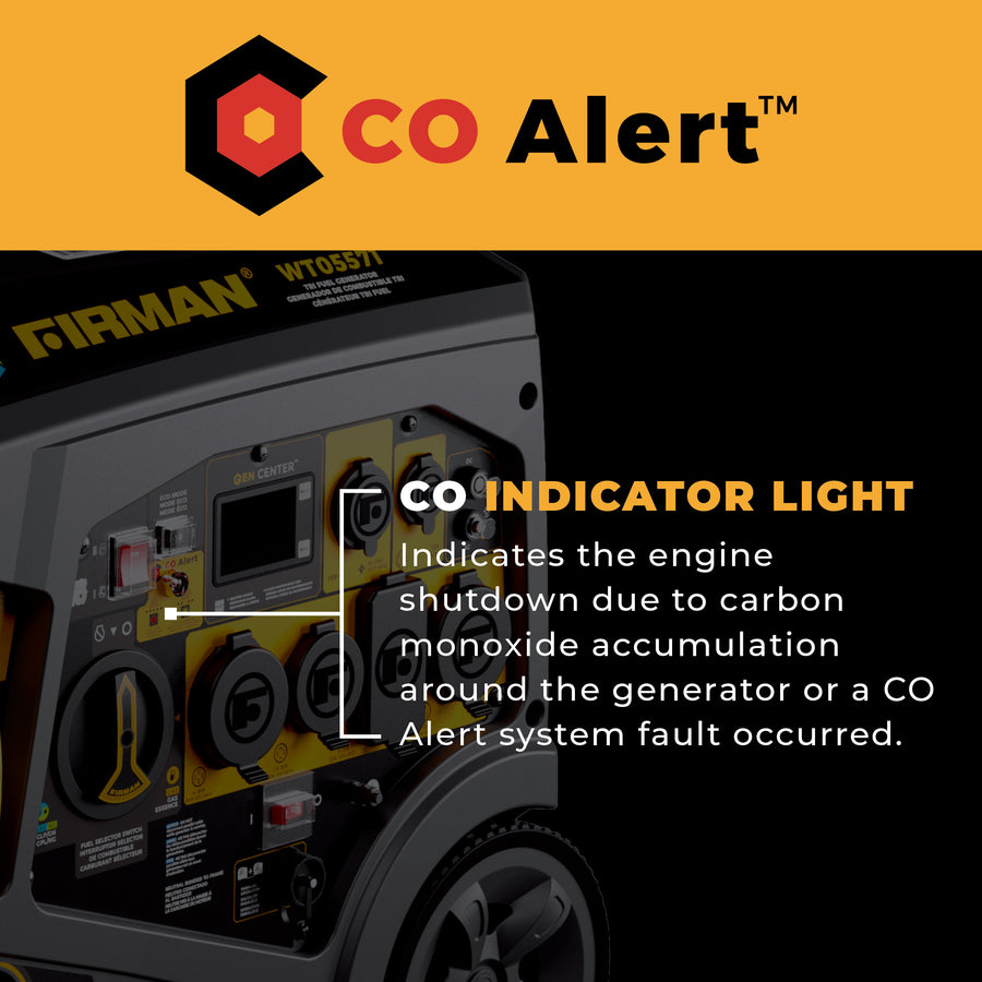 A close-up of the FIRMAN Power Equipment Tri Fuel Inverter Portable Generator 6850W Electric Start shows the CO Alert indicator, which detects carbon monoxide or system faults for added safety.